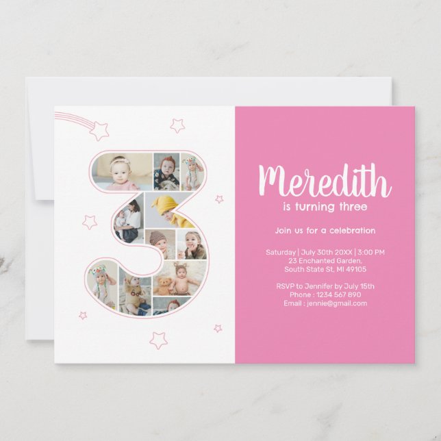 Convite Colagem de Fotos Personalizada do Número 3 da aniv (Frente)