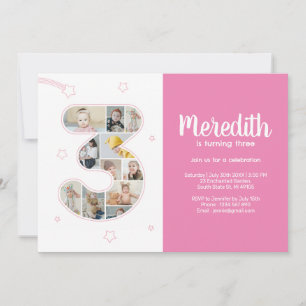 Convite Colagem de Fotos Personalizada do Número 3 da aniv
