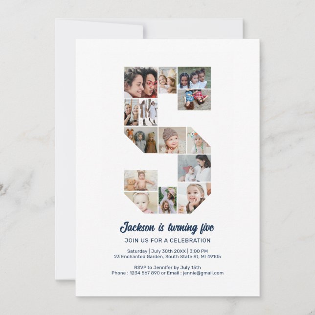 Convite Colagem de Fotos Personalizada do Número 5 de Aniv (Frente)