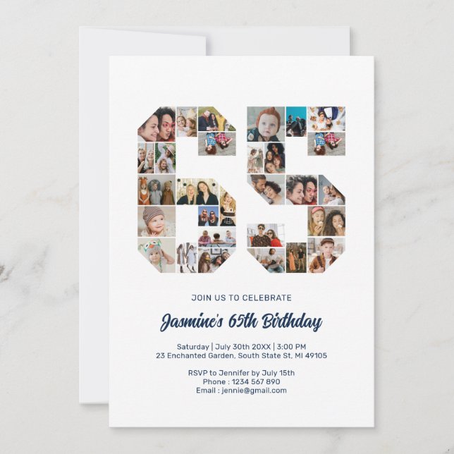 Convite Colagem de Fotos Personalizada do Número 65 de Ani (Frente)