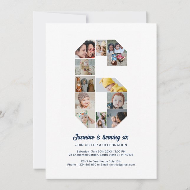 Convite Colagem de Fotos Personalizada do Número 6 de Aniv (Frente)
