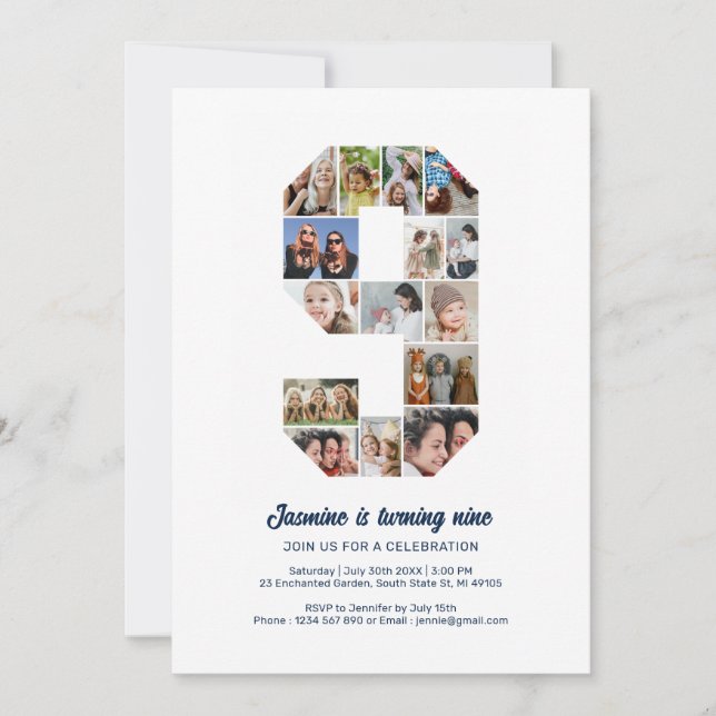 Convite Colagem de Fotos Personalizada do Número 9 de Aniv (Frente)