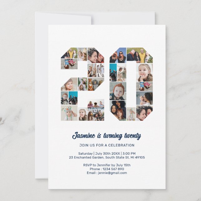 Convite Colagem de Fotos Personalizada do Número de Aniver (Frente)