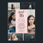 Convite Colagem de Fotos Rosa Esmagada Doce Dezesseis<br><div class="desc">O convite para 16 fotos com colagem de fotos com espaço para seis fotos de sua aniversariante. Adicione o texto do convite e os detalhes em fontes pretas contra um fundo rosado. A parte traseira apresenta um impressão cor-de-rosa com um efeito aquarela esmaecido.</div>