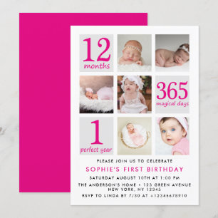 Convite Colagem de Fotos Rosa Moderna Primeiro Aniversário