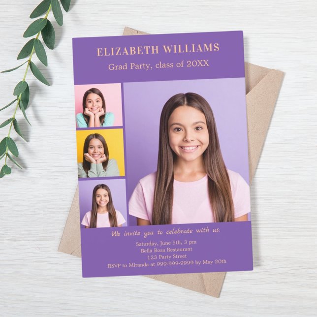 Convite Colagem de fotos roxa festa de formatura (Criador carregado)