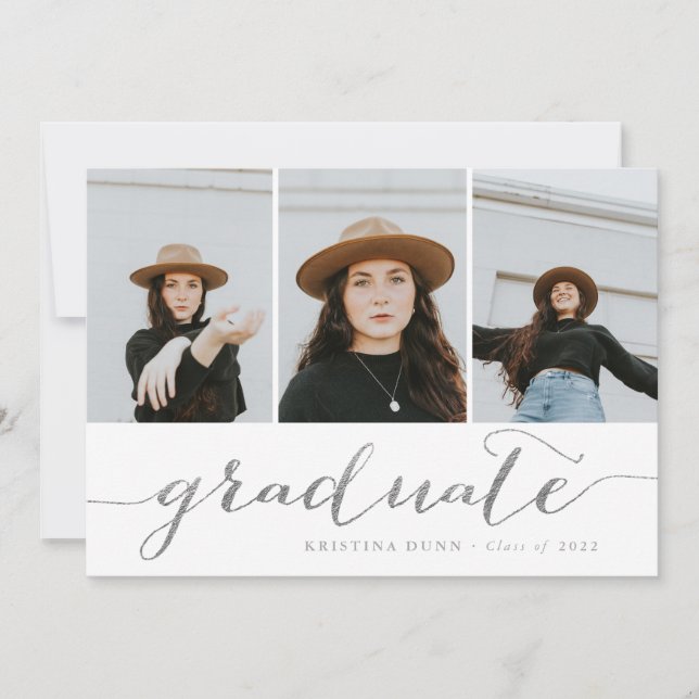 Convite Colagem de Fotos Silver do Script do formando | Fo (Frente)