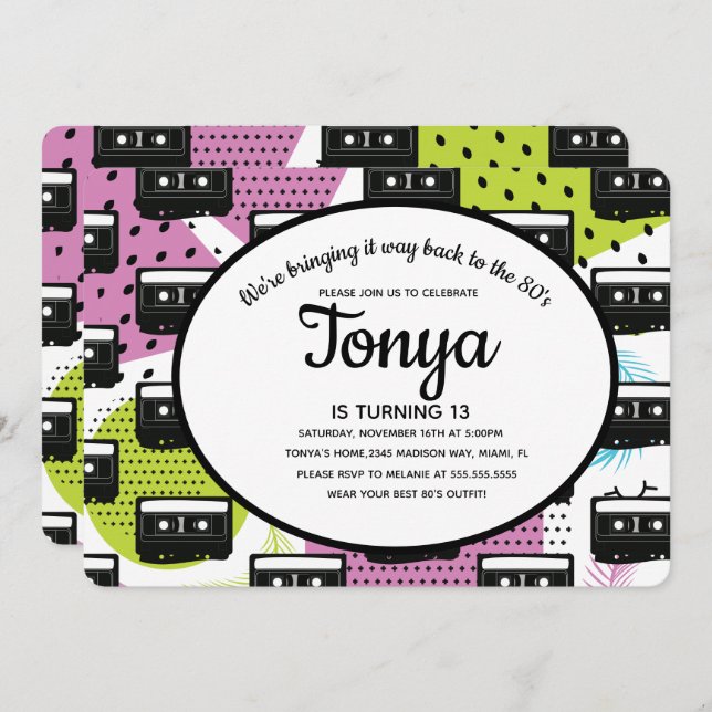 Convite Colagem de Menina Rosa dos Anos 80 e 90 Fita Casse (Frente/Verso)