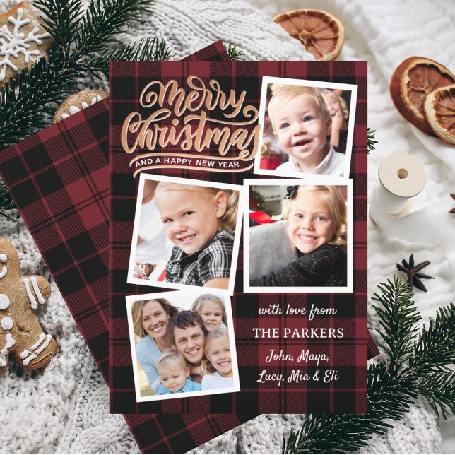 Convite Colagem de Natal do Ouro Vermelho (christmas card, plaid christmas card, download christmas card, instant download christmas card)