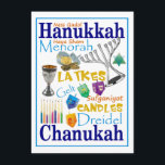 Convite Colagem de Palavras de Chanukah<br><div class="desc">O cartão Hanukah (Hanukkah,  Chanukah) apresenta palavras e símbolos do feriado Dreidel,  menorah,  gelt,  etc.</div>