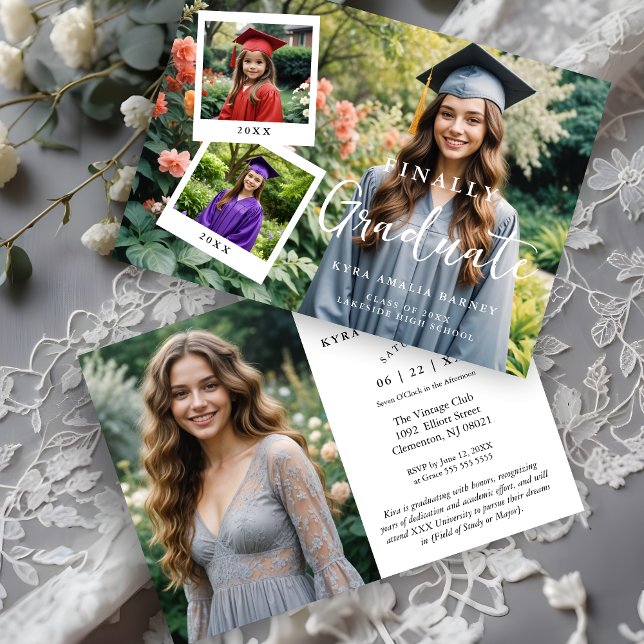 Convite Colagem de roteiro requintado 4 Fotos Linha do tem (Exquisite Script Collage 4 Photos Timeline Graduation Party Invitation Card with Funny FINALLY, GRAD)