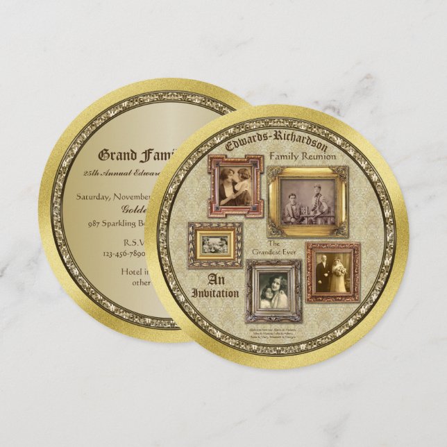 Convite Colagem Dourada de Quadros Antigos de Fotografia d (Frente/Verso)