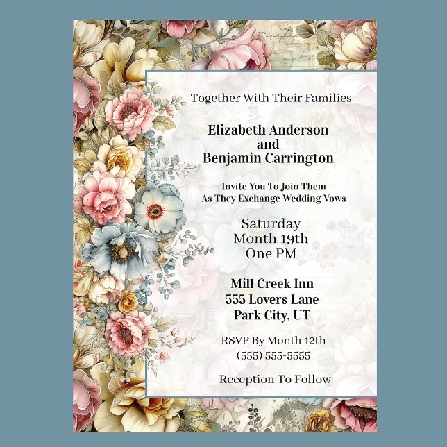 Convite Colagem Floral Bonito Casamento (Vintage floral wedding invitation with watercolor flowers and romantic botanical design
)