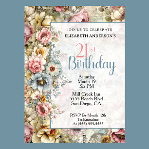 Convite Colagem Floral Bonito para Aniversário de 21 anos