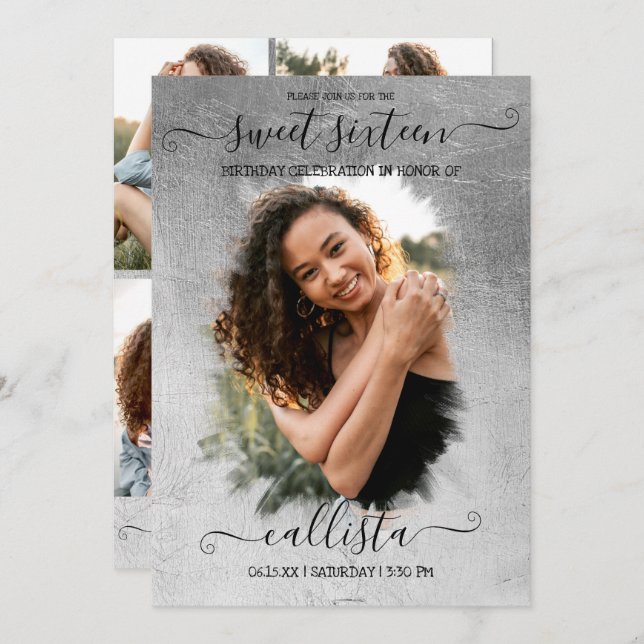 Convite Colagem Fotográfica Silver Foil Halo Sweet 16 (Frente/Verso)