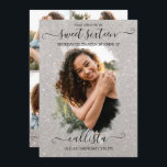 Convite Colagem Halo Fotográfica Silver Glitter Sweet 16<br><div class="desc">Este bonito e giro convite de colagem de 16 fotos de festa de aniversário é perfeito para a moça da moda e na moda. Ele apresenta um halo de pincelada brilhante cintilante impresso em cima de uma foto de grande recurso e uma elegante tipografia cursiva escrita à mão. No verso...</div>
