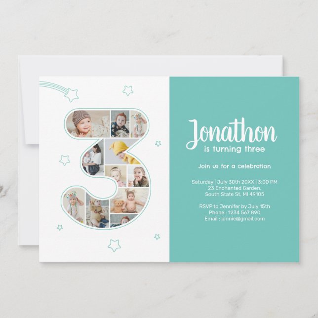 Convite Colagem Personalizada de Fotografias do Número 3 d (Frente)