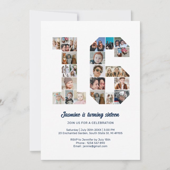 Convite Colagem Personalizada de Fotos 16, Número de Anive (Frente)