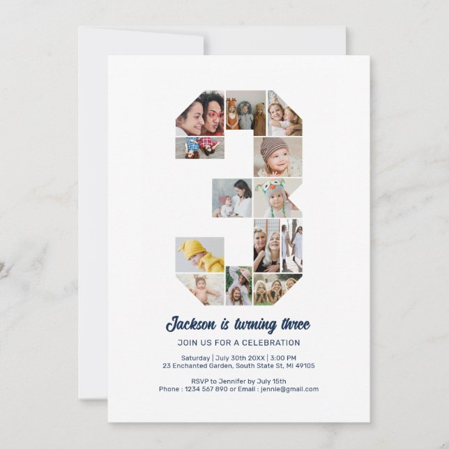 Convite Colagem Personalizada de Fotos de aniversário de 3 (Frente)