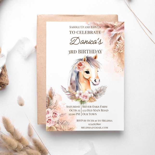 Convite Colar a festa de aniversário de cavalos da cowgirl (Saddle up horses cowgirl birthday party template invitation instant download boho pampas grass)