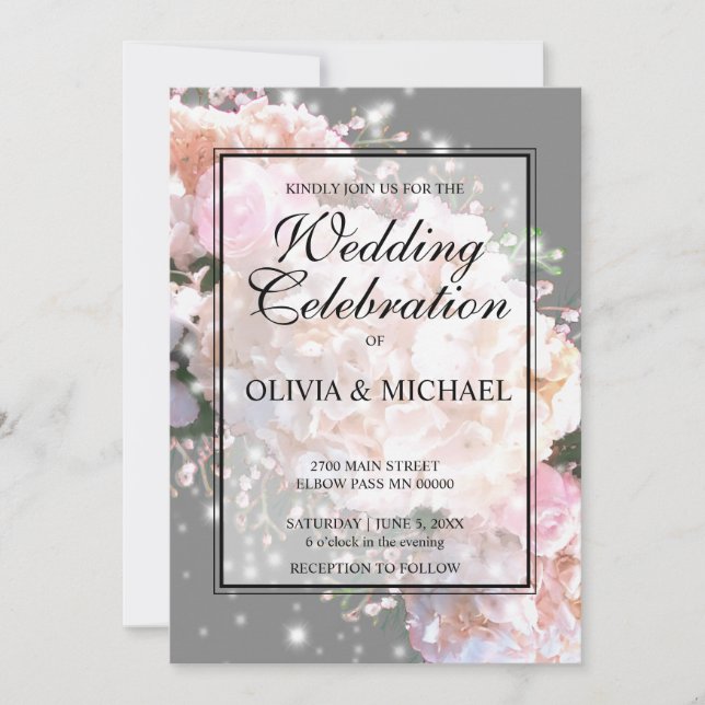 Convite Colar branca e cinza romana hydrangeas rosa rosas (Frente)