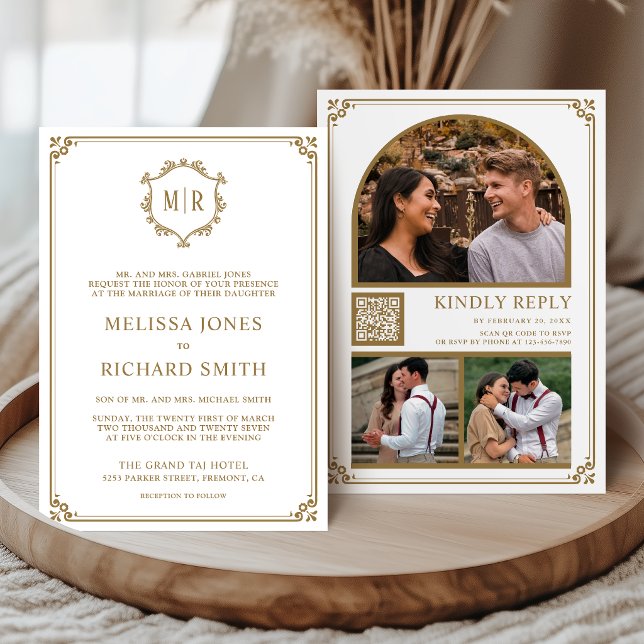 Convite Colar de Fotos com Código QR Monograma Casamento O (Criador carregado)