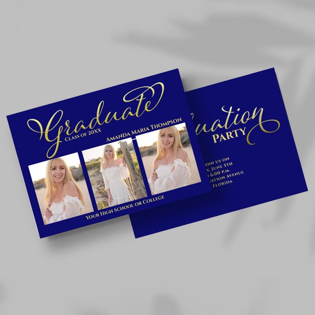 Convite Colar de Graduação em Fotocolagem Azul Marinho Dou (Navy blue and gold script graduation photo collage announcement with three senior portraits.)