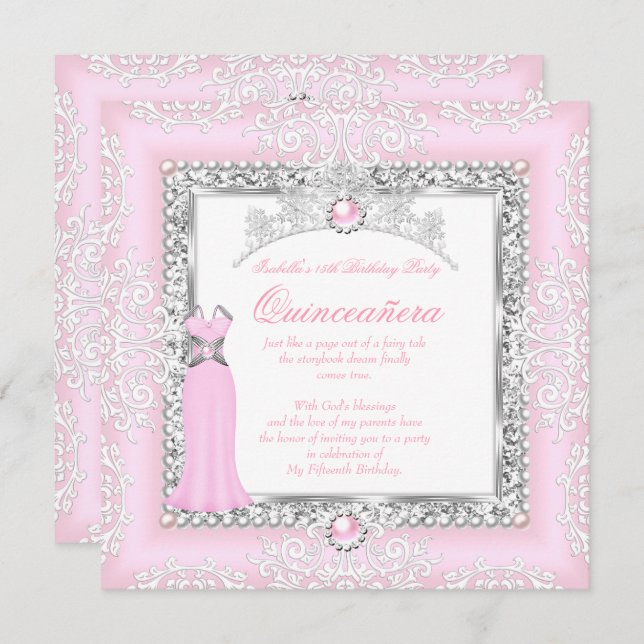 Convite Colar de Rosas claro de Pérolas de Quinceanera 15  (Frente/Verso)