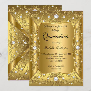 Convite Colar Pérola Dourada Festa de Aniversário de Quinz