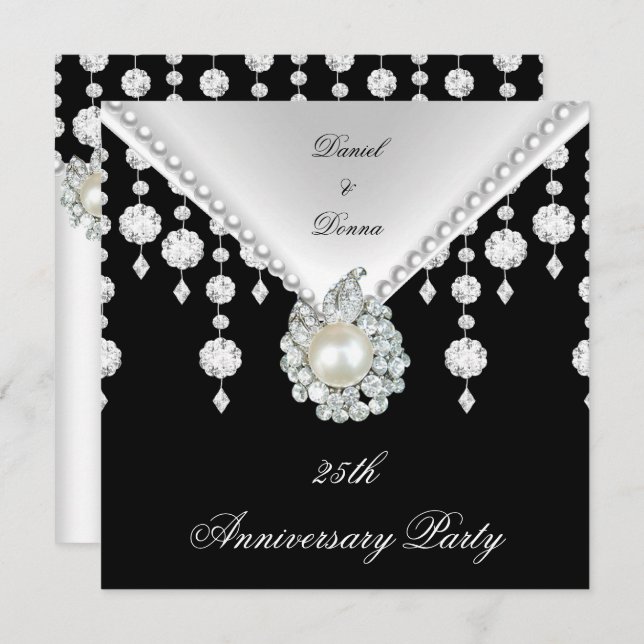 Convite Colar Pérola Preta e Branca Prata de Aniversário d (Frente/Verso)