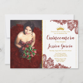 Convite Colar Vermelho Escuro e Dourada princesa Glitter Q
