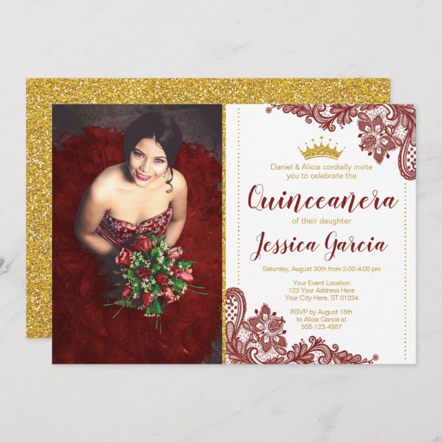 Convite Colar Vermelho Escuro e Dourada princesa Glitter Q (Frente/Verso)