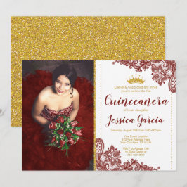 Convite Colar Vermelho Escuro e Dourada princesa Glitter Q