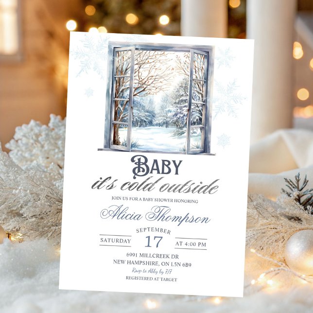 Convite Cold Outside Dusty Blue Window Boy Baby Shower (Criador carregado)
