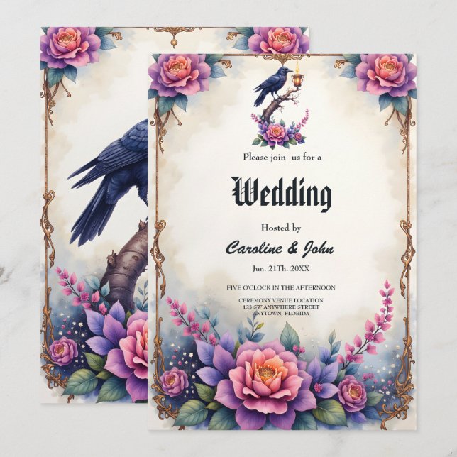 Convite Coleção de Casamento Enchanted Raven Wedding (Frente/Verso)