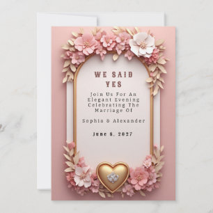 Convite 🌺 Coleção de Casamento Rosa Dourado Floral Pêsseg