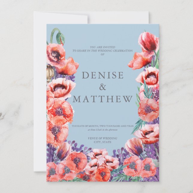 Convite Coleção Poppy com Fundo Azul de Omphalodes (Frente)