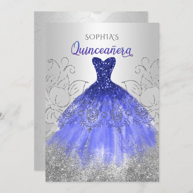 Convite Coletor Azul Real Silver Quinceañera (Frente/Verso)