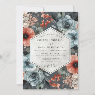 Convite Colheita de Casamento Floral Azul Ardósia