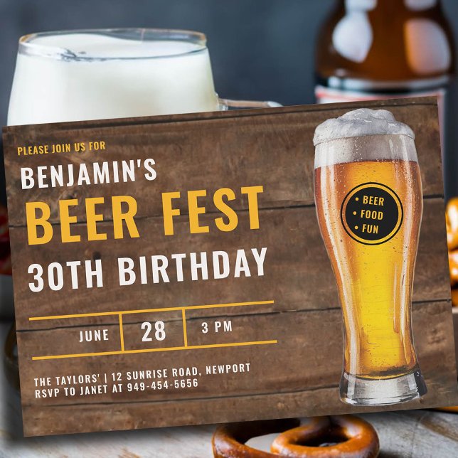 Convite Colheita de Cerveja Homens Rústicos aniversário de (mens 30th birthday beer fest party invitation ticket photo black white yellow cheers rustic brewery)