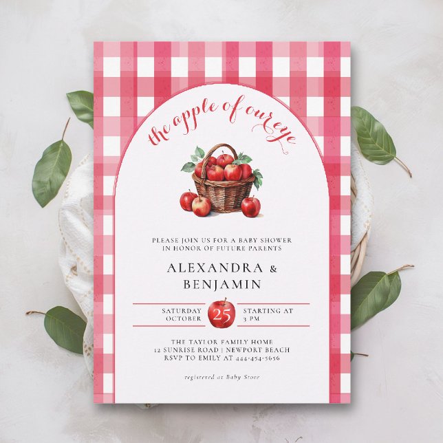 Convite Colheita de Maçã de Outono Rústico Vermelho Casal  (fall baby shower invitation neutral coed couple apple of our eye harvest red gingham boho arch)