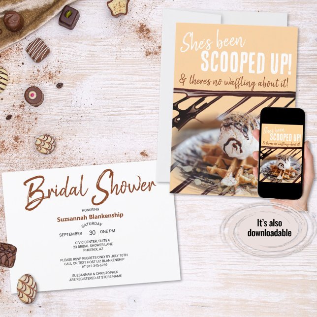Convite Colher de Sorvete com Chuva de Chocolate em um Waf (Ice cream and waffle bridal shower invitation ready for personalization. )