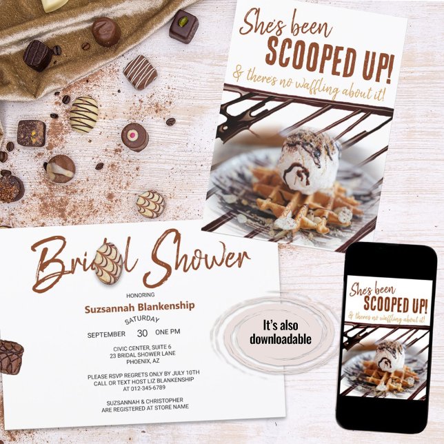 Convite Colher de Sorvete Waffle com Gotejamento de Chocol (A fun ice cream waffle bridal shower design ready for your personalization. )