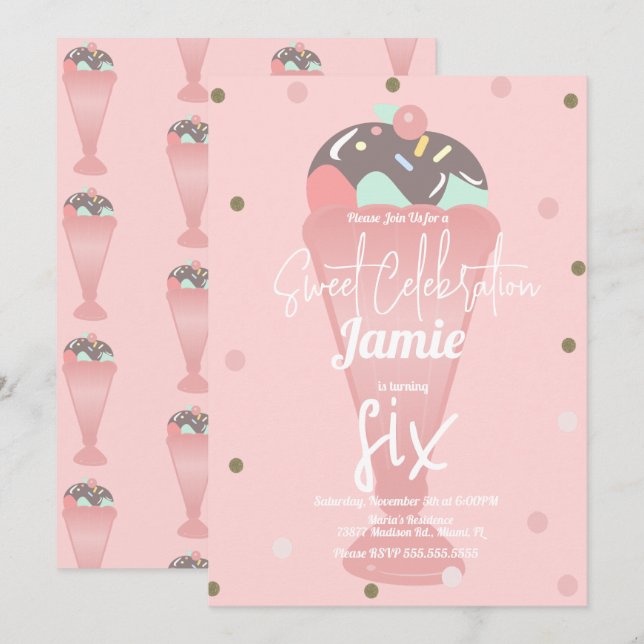 Convite Colher de Sundae de Confete de Sorvete Retrô (Frente/Verso)
