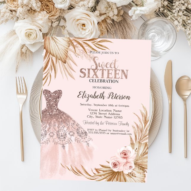 Convite Colírio bonito,Vestido,Pampas, Doce Rosa 16 (Criador carregado)