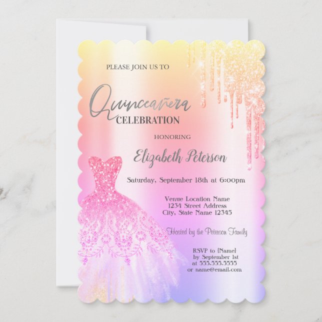Convite Colírio de Glitter, Ombre de Vestido Quinceañera (Frente)