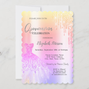 Convite Colírio de Glitter, Ombre de Vestido Quinceañera