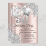 Convite Colírio de Prata Balões 50ª Festa de aniversário<br><div class="desc">Um moderno,  chique e glamouroso com gotas de luz prateada,  e balões sobre um fundo rosa de ouro.</div>
