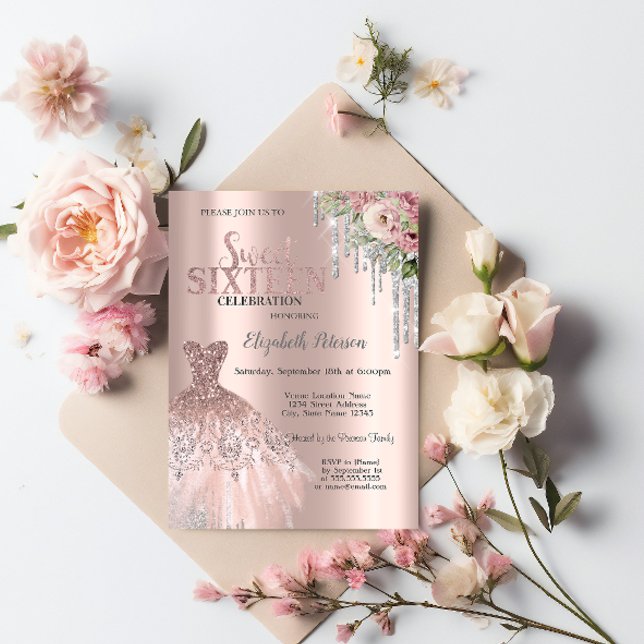 Convite Colírio de Prata,Flores de Vestido Doce 16 (Criador carregado)