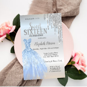 Convite Colírio de Prata, Prata de Vestido Azul Doce 16